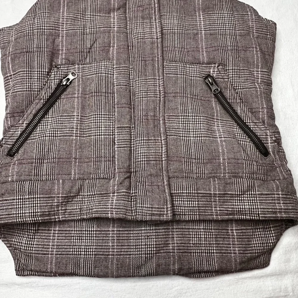 Charlotte Russe Plaid Puffer Vest Faux Fur Hood Brown S Snap Full Zip Pockets - Picture 6 of 16